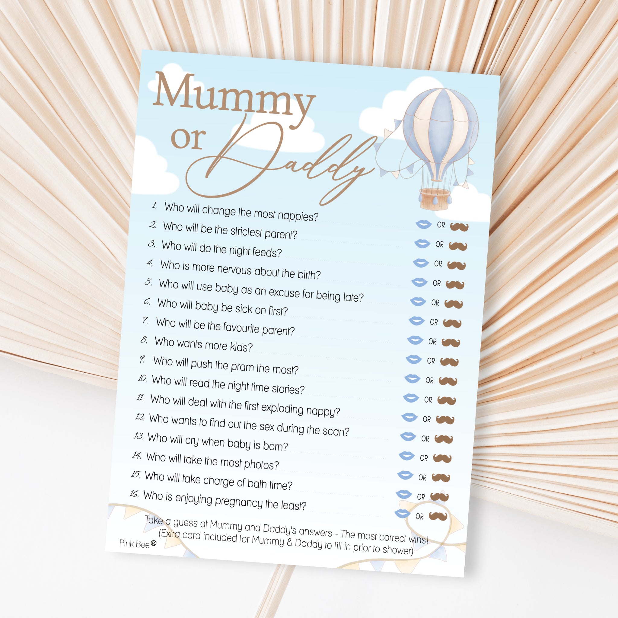 Mummy or Daddy Baby Shower Game – Blue Hot Air Balloon Theme Up and Away