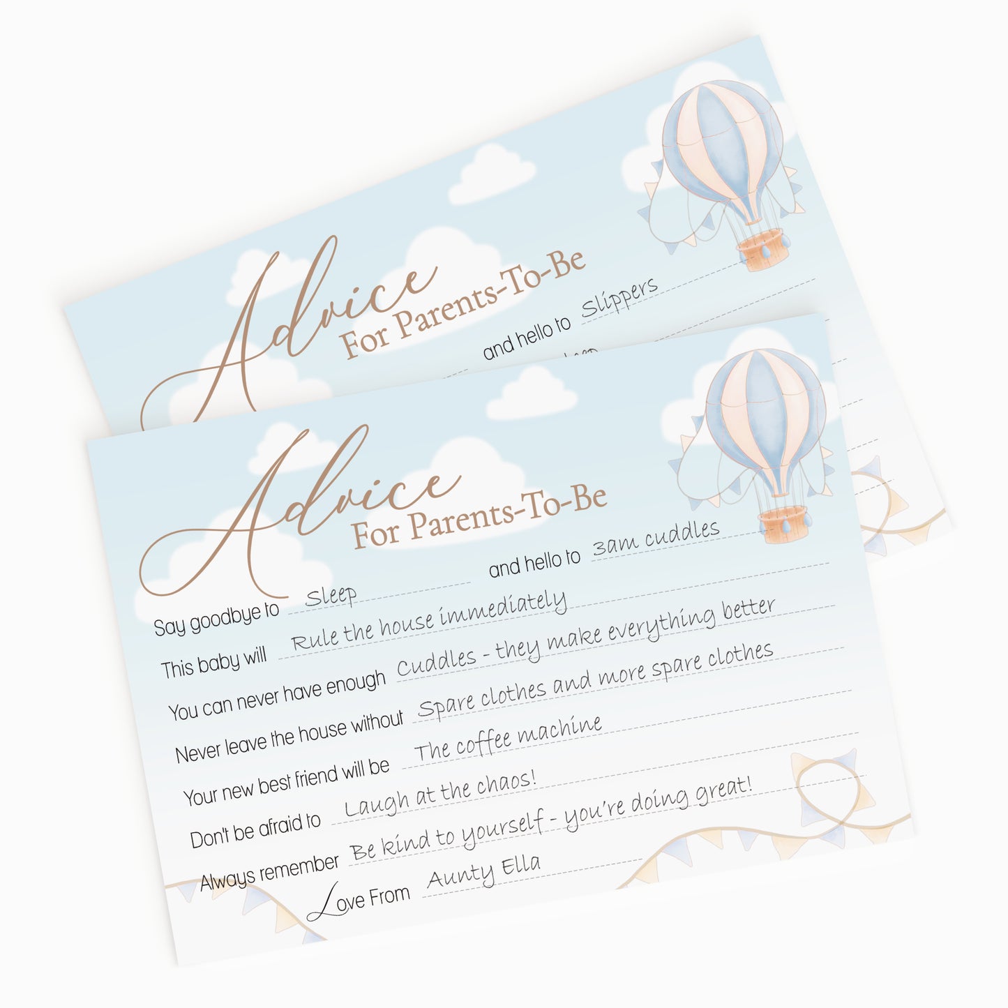 Blue Up & Away Hot Air Balloon Advice Cards – Baby Shower Keepsake for Parents-To-Be