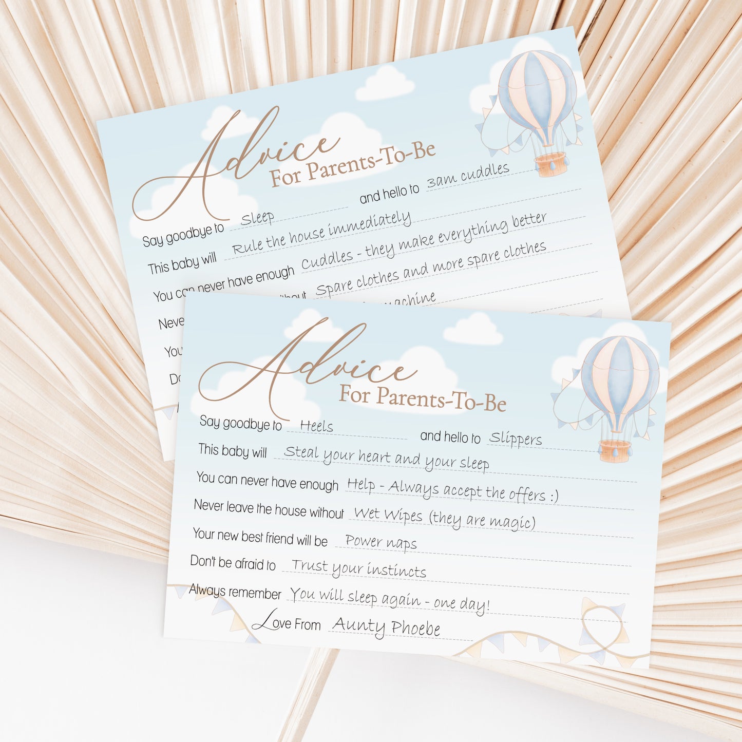 Blue Up & Away Hot Air Balloon Advice Cards – Baby Shower Keepsake for Parents-To-Be