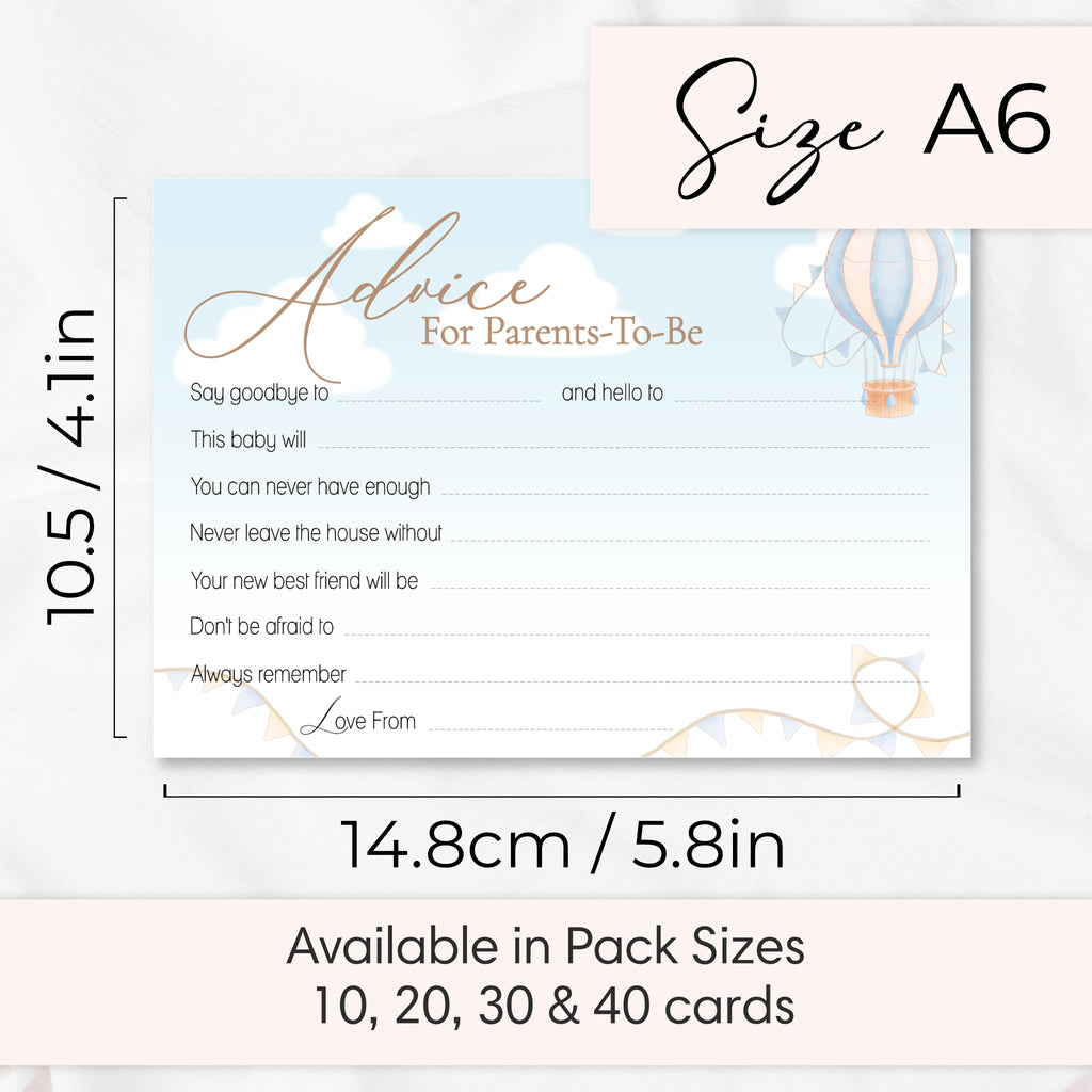 Blue Up & Away Hot Air Balloon Advice Cards – Baby Shower Keepsake for Parents-To-Be