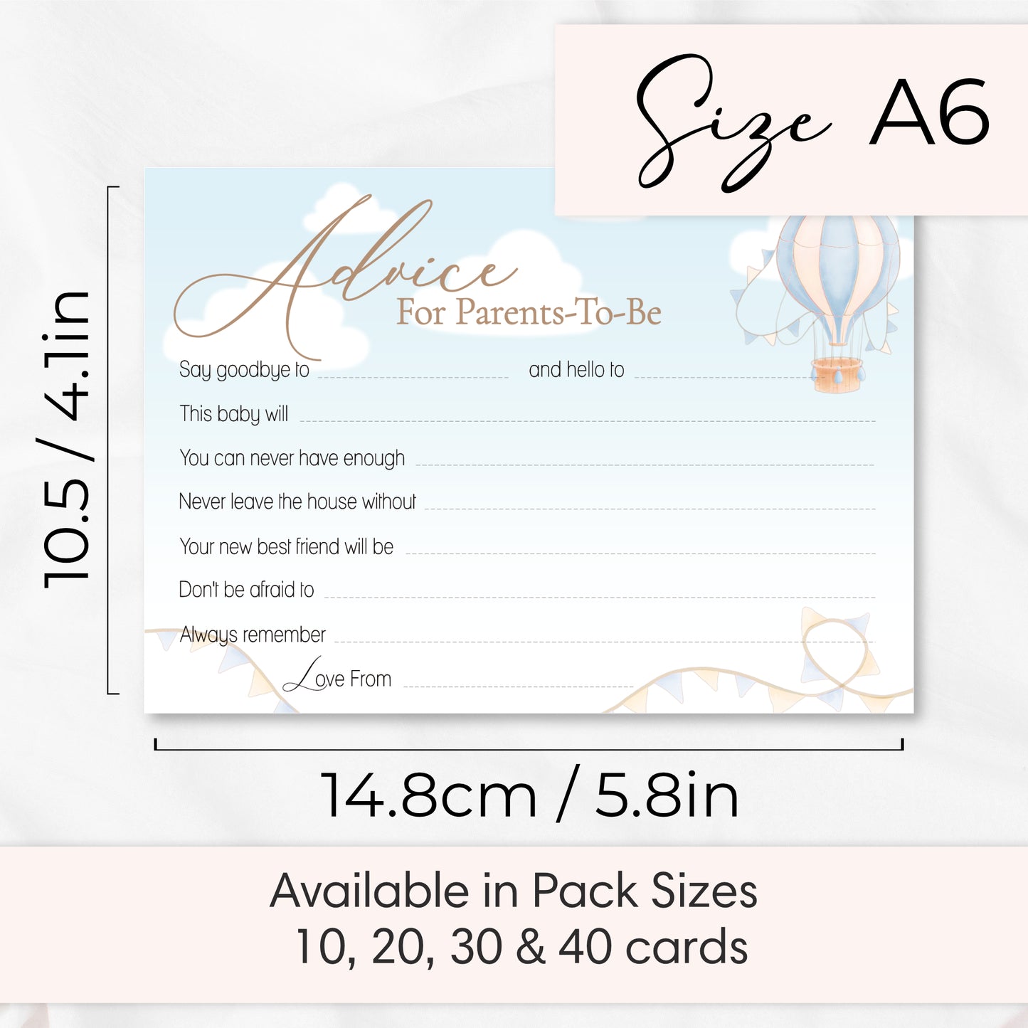 Blue Up & Away Hot Air Balloon Advice Cards – Baby Shower Keepsake for Parents-To-Be