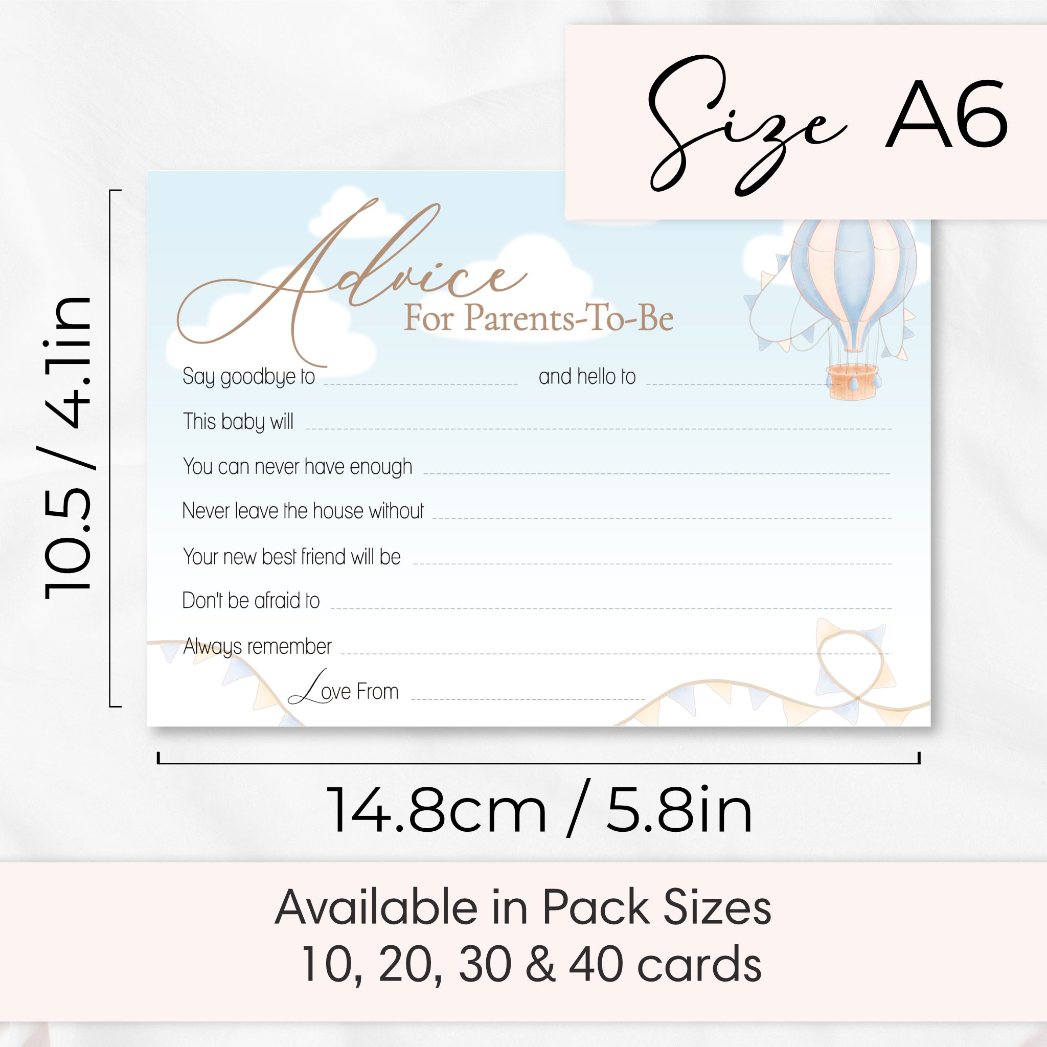 Blue Up & Away Hot Air Balloon Advice Cards – Baby Shower Keepsake for Parents-To-Be