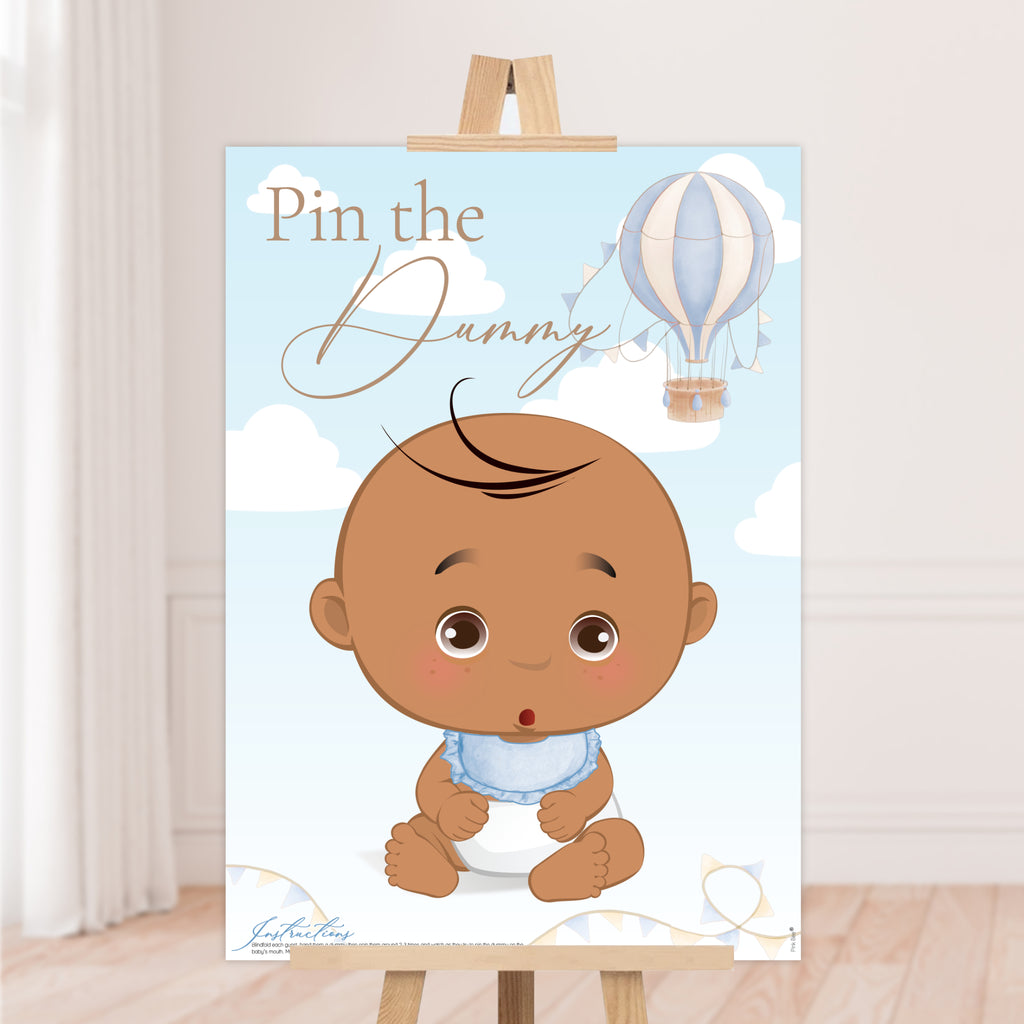 Pin the Dummy on the Baby Game – Blue Hot Air Balloon Baby Shower (Ethnic)