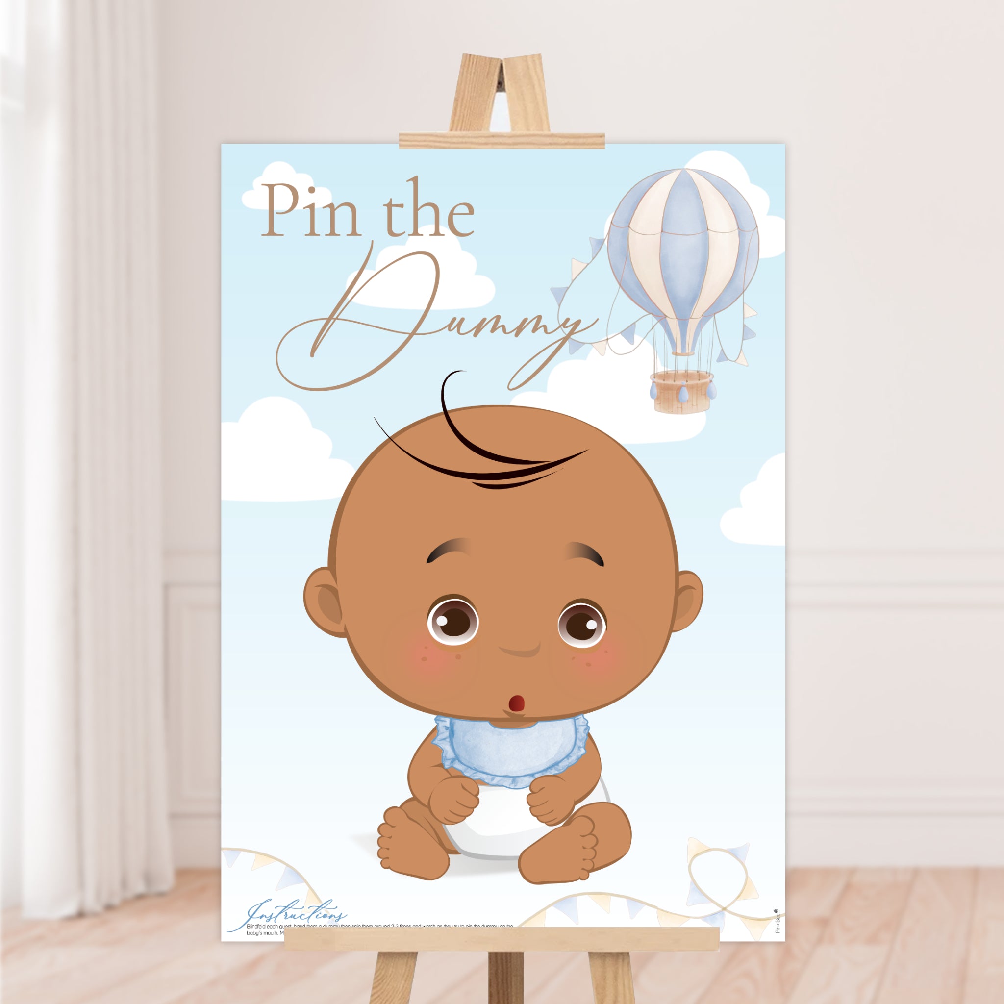 Pin the Dummy on the Baby Game – Blue Hot Air Balloon Baby Shower (Ethnic)