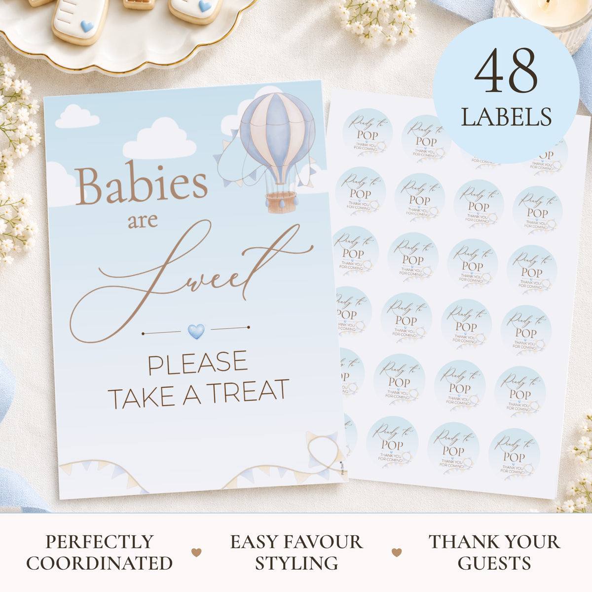 Up & Away Baby Shower Blue Favour Sign & Ready to Pop Stickers