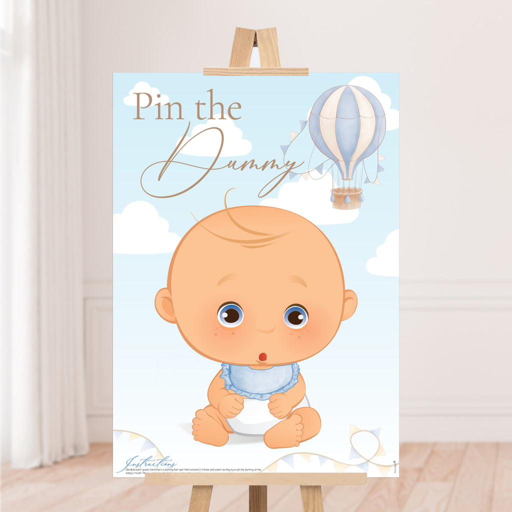 Baby Shower Game Pin the Dummy in our Blue Up, Up and Away theme for Baby Boys