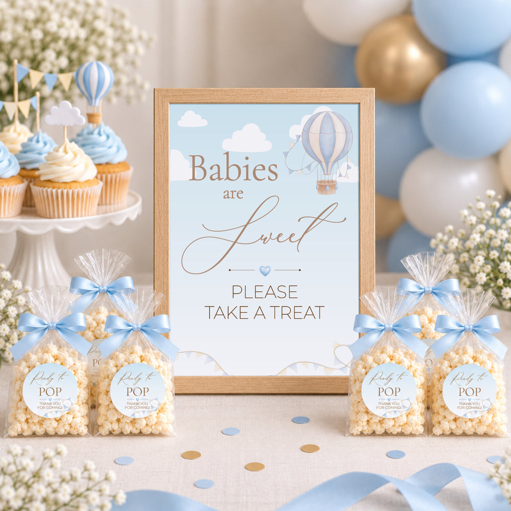Up & Away Baby Shower Blue Favour Sign & Ready to Pop Stickers