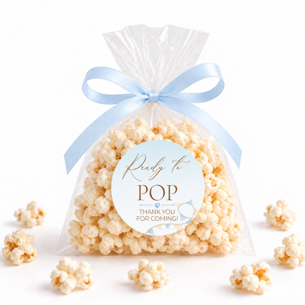 Up & Away Baby Shower Blue Favour Sign & Ready to Pop Stickers