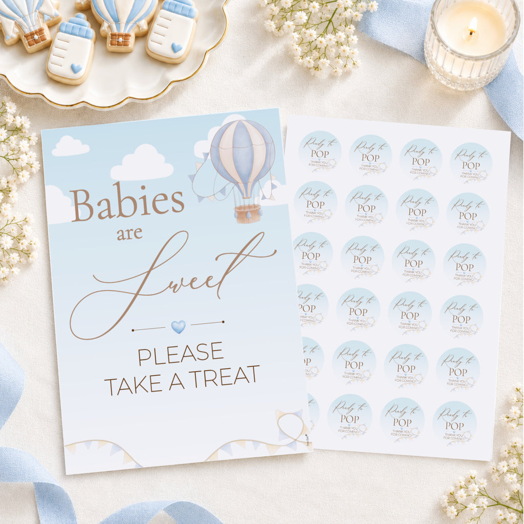 Up & Away Baby Shower Blue Favour Sign & Ready to Pop Stickers