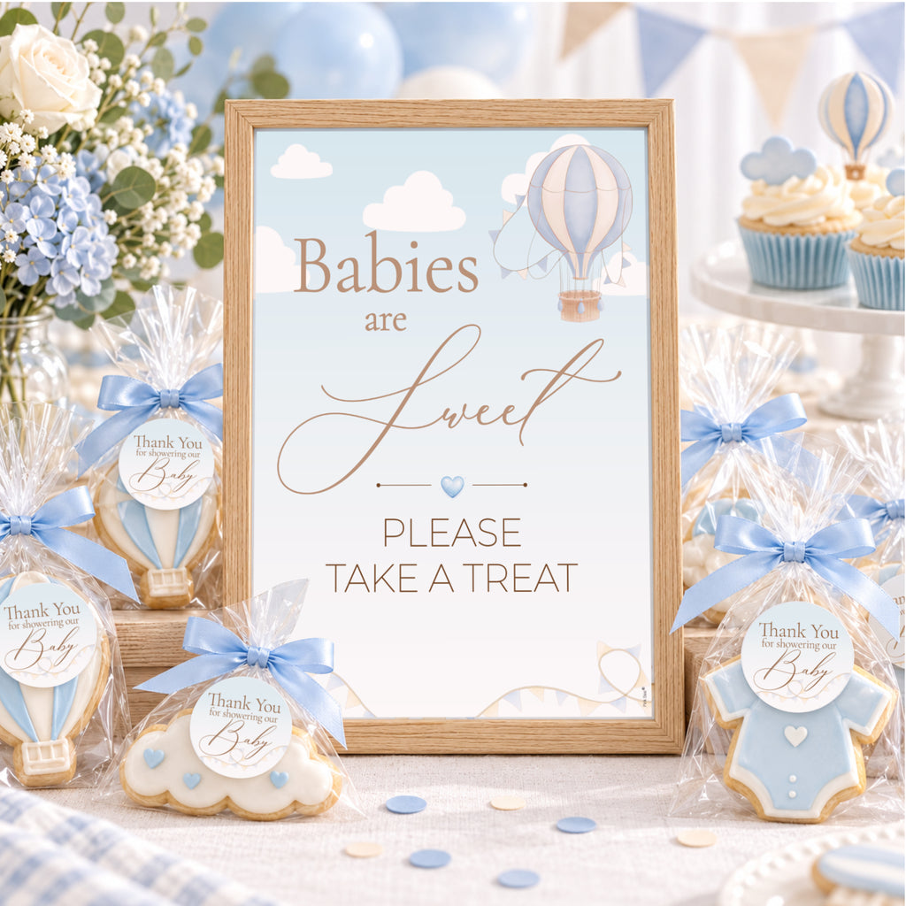 Up & Away Blue Baby Shower Favour Sign & Thank-You Stickers