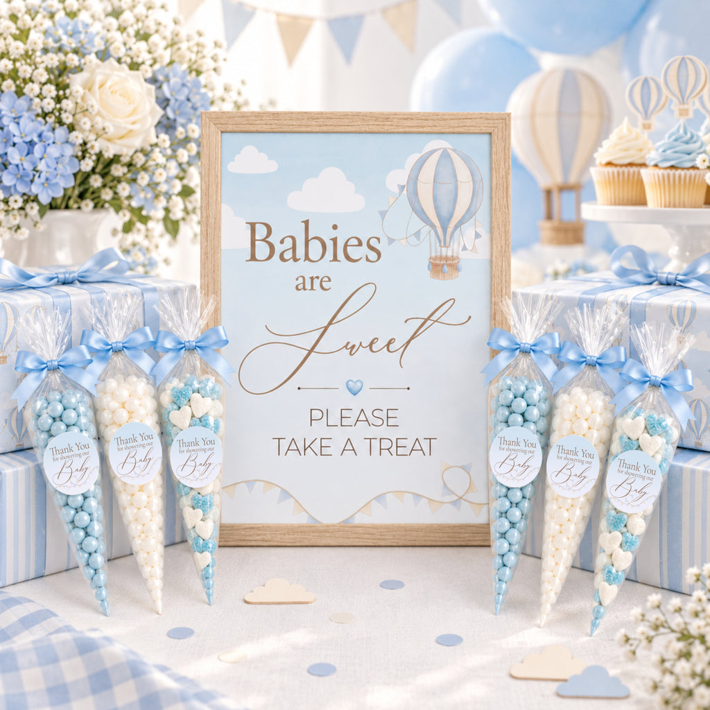 Up & Away Blue Baby Shower Favour Sign & Thank-You Stickers