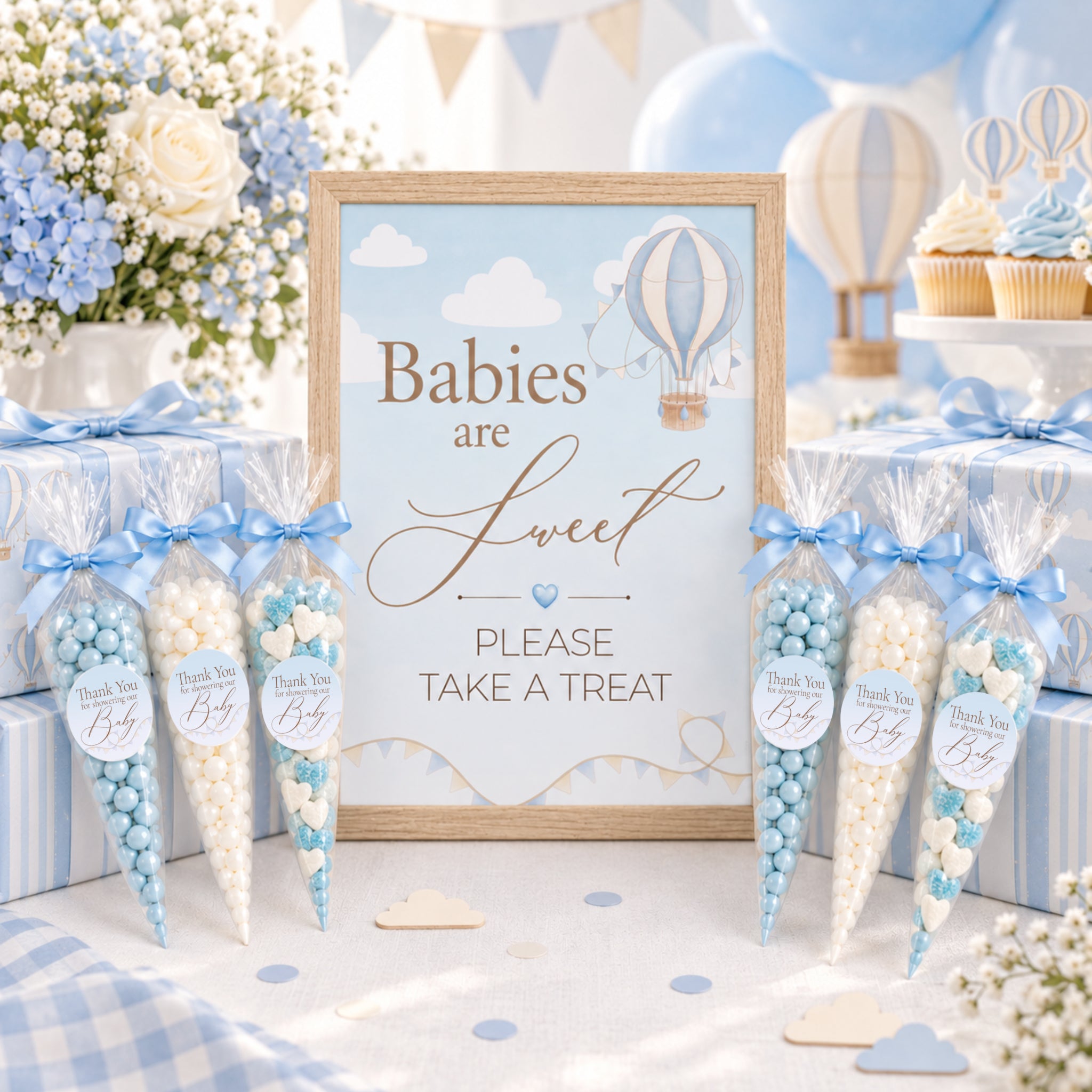 Up & Away Blue Baby Shower Favour Sign & Thank-You Stickers