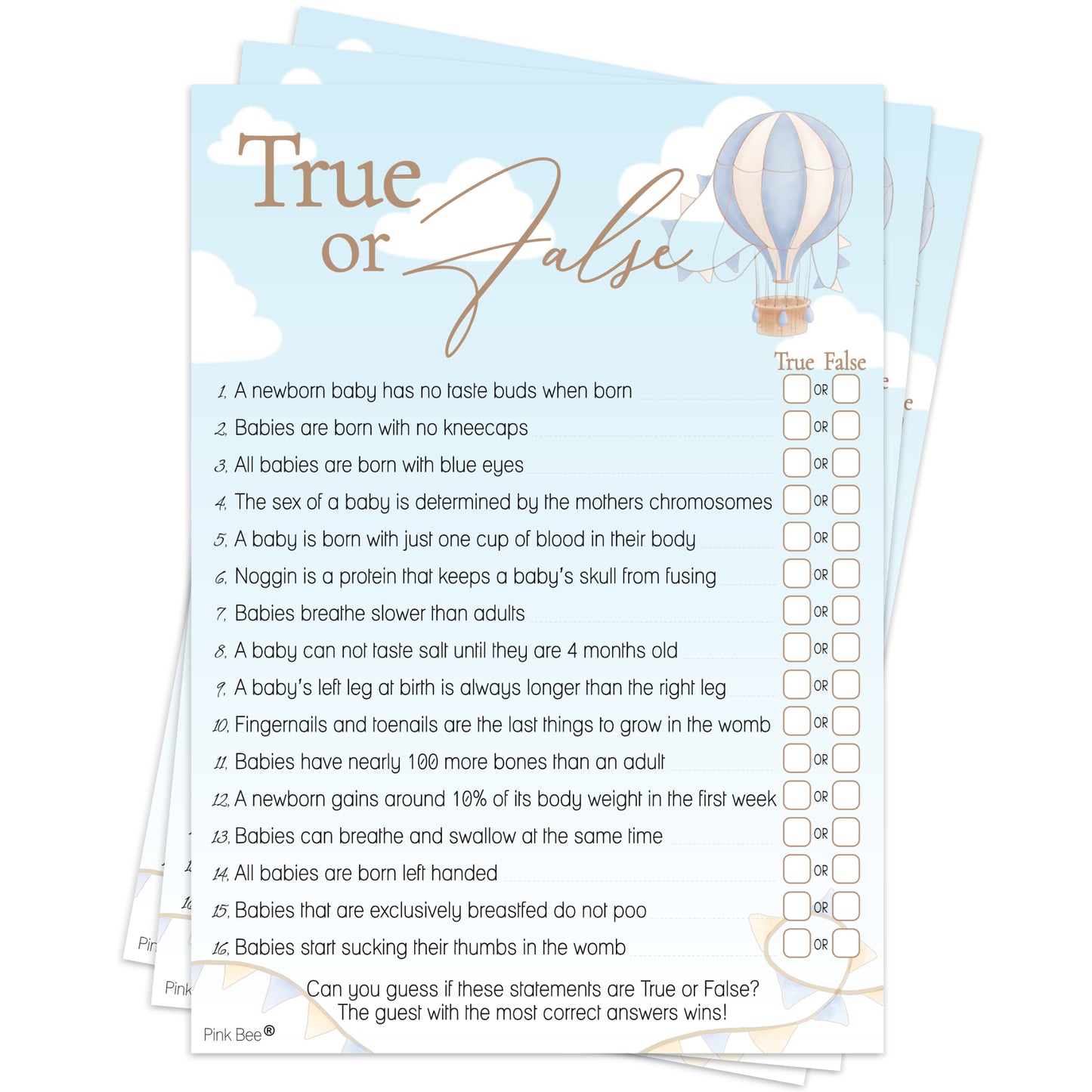 Baby Shower Game True or False in Up, Up and Away Blue Theme