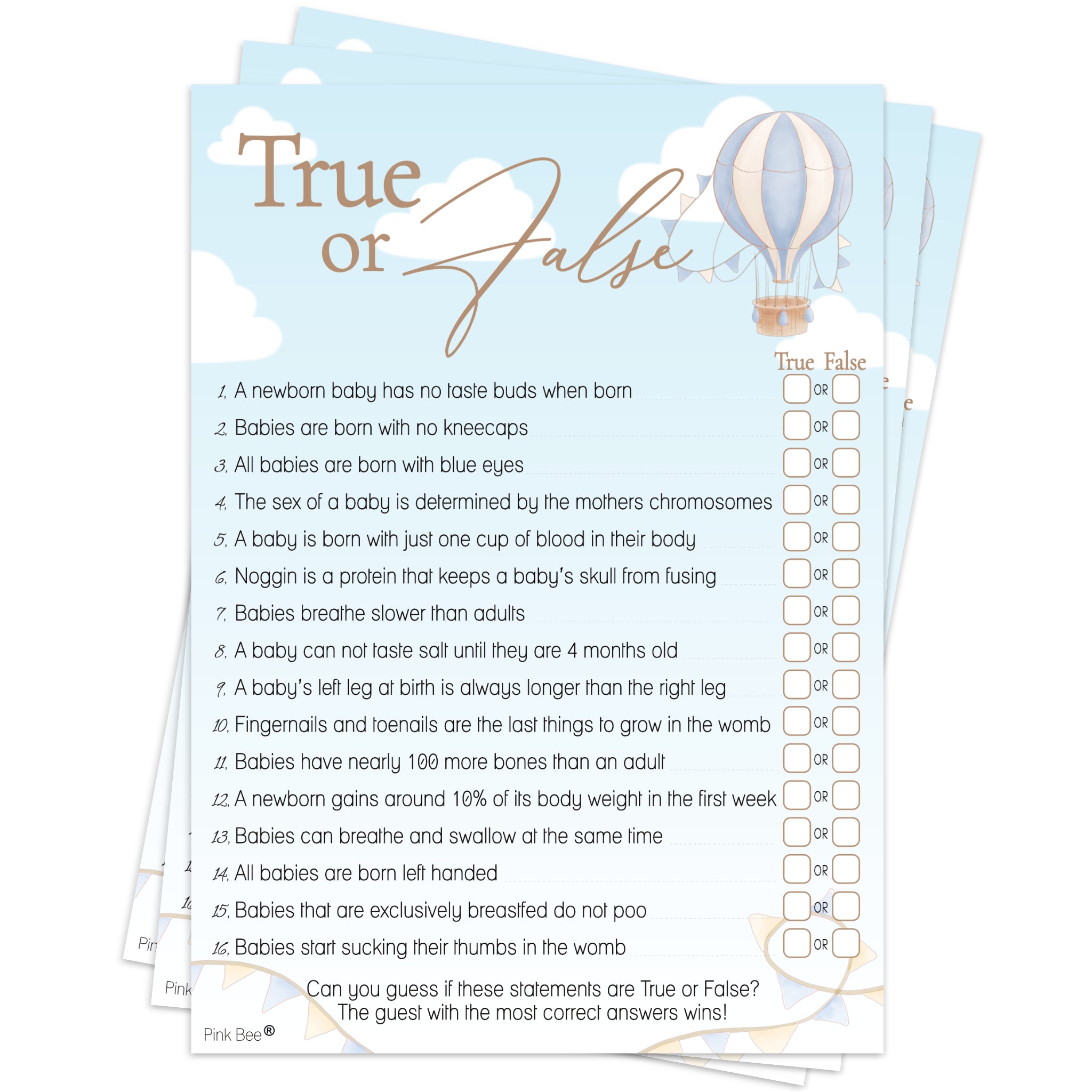 Baby Shower Game True or False in Up, Up and Away Blue Theme