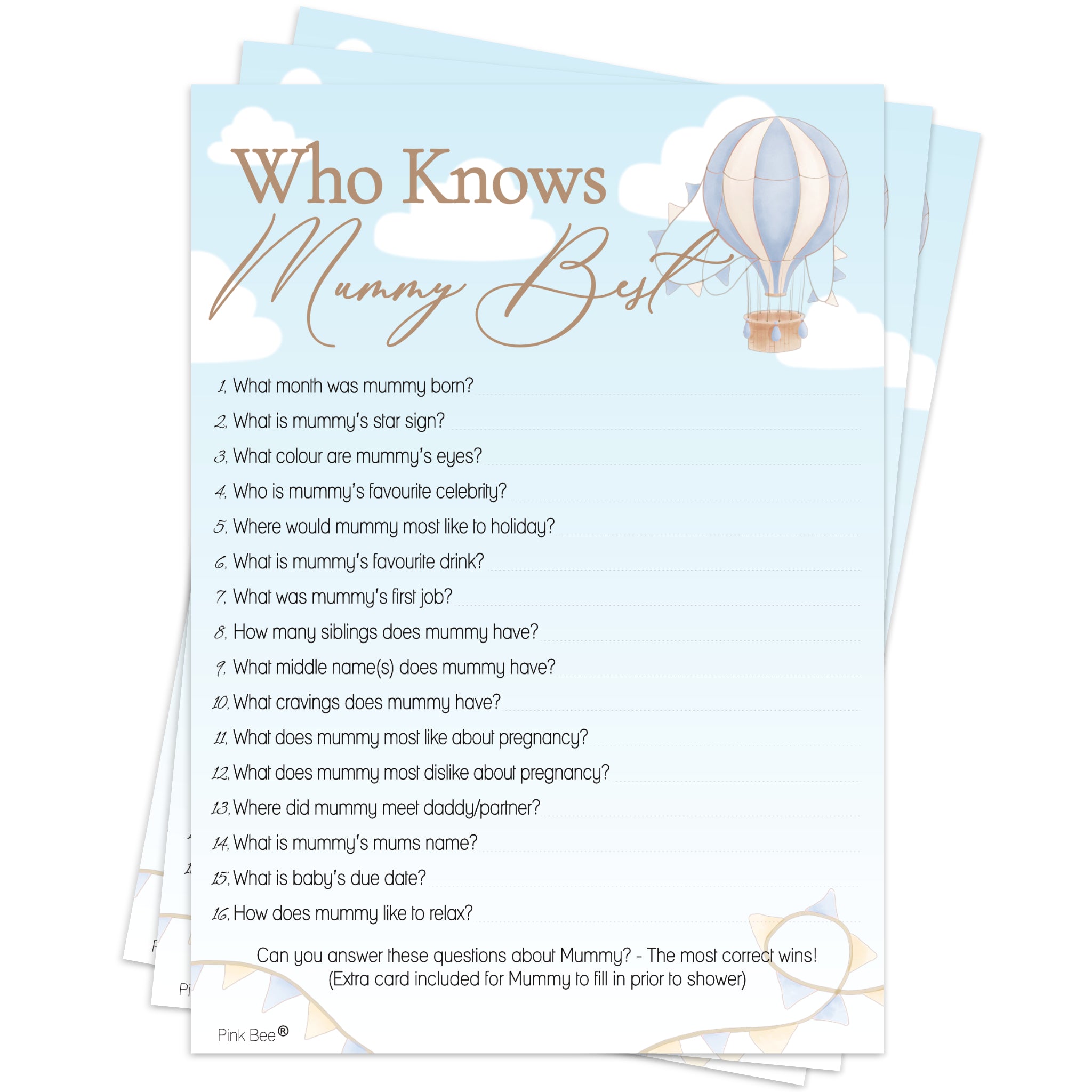 Baby Shower Game Who Knows Mummy Best in Blue Up and Away Theme