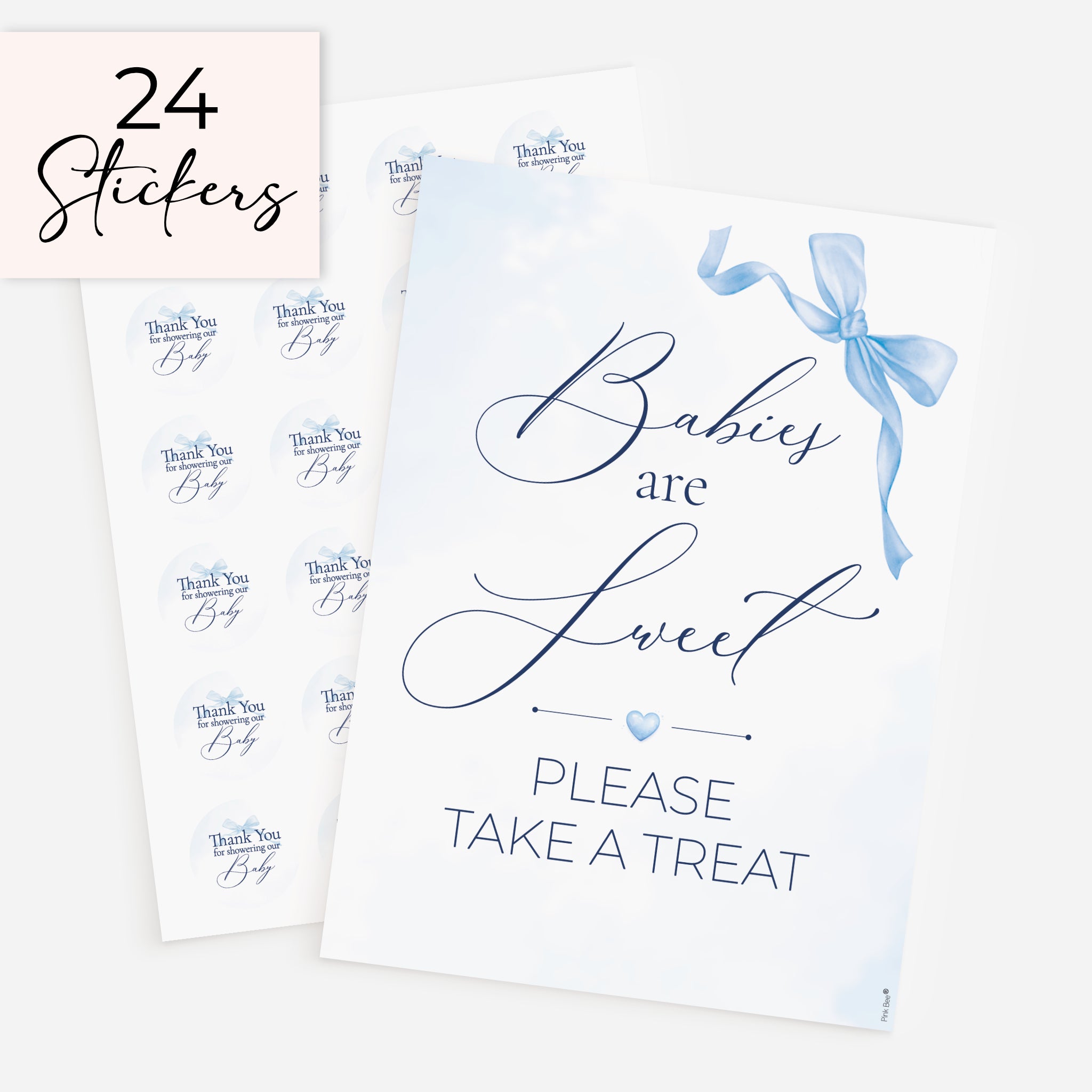 Blue bow baby shower favour sign with 24 matching 37mm thank you stickers, baby boy baby shower treat table decoration and favour label set