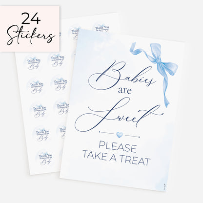 Blue bow baby shower favour sign with 24 matching 37mm thank you stickers, baby boy baby shower treat table decoration and favour label set