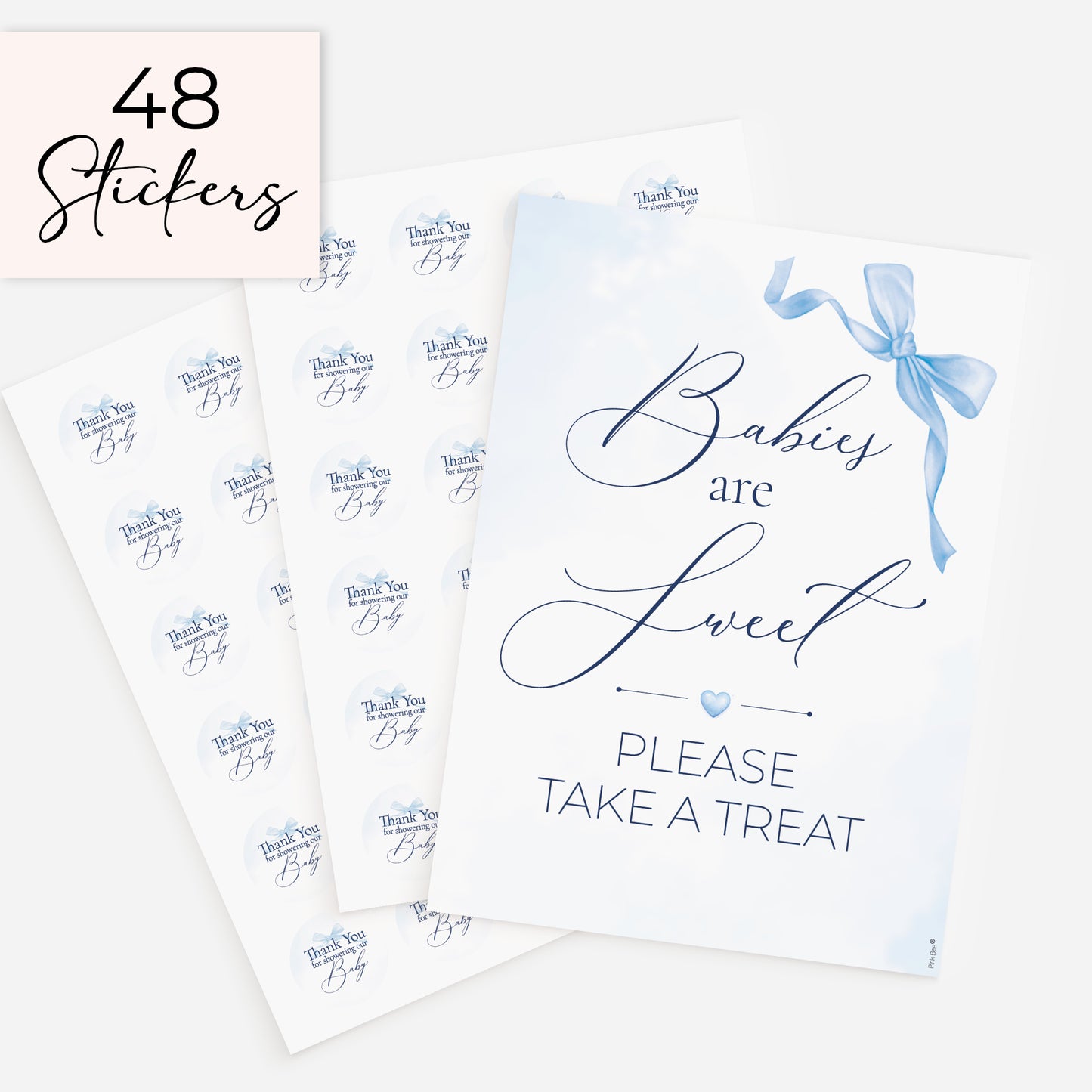 Blue bow baby shower treat sign and 48 matching 37mm thank you favour stickers for baby boy baby shower sweets table and party favours