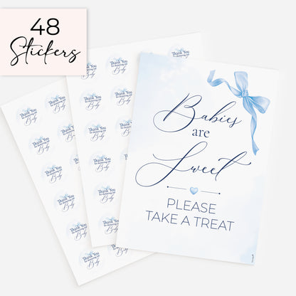 Blue bow baby shower treat sign and 48 matching 37mm thank you favour stickers for baby boy baby shower sweets table and party favours