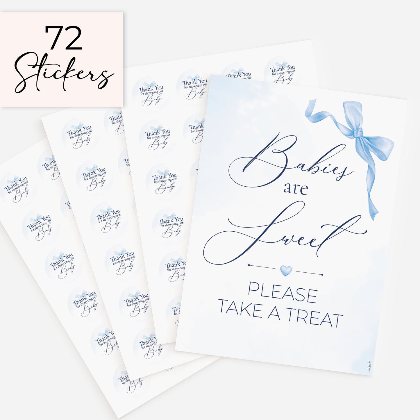 Baby boy baby shower favour sign with 72 matching 37mm thank you stickers, blue bow themed treat table decoration and favour labels on white background
