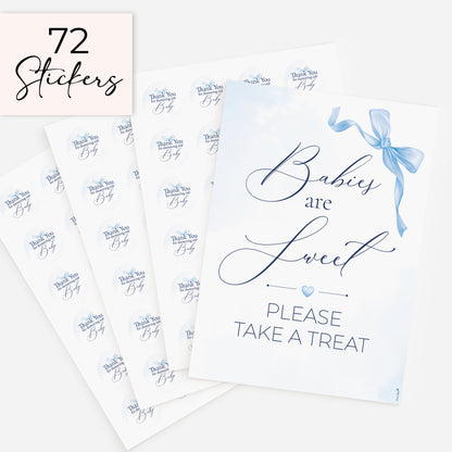 Baby boy baby shower favour sign with 72 matching 37mm thank you stickers, blue bow themed treat table decoration and favour labels on white background