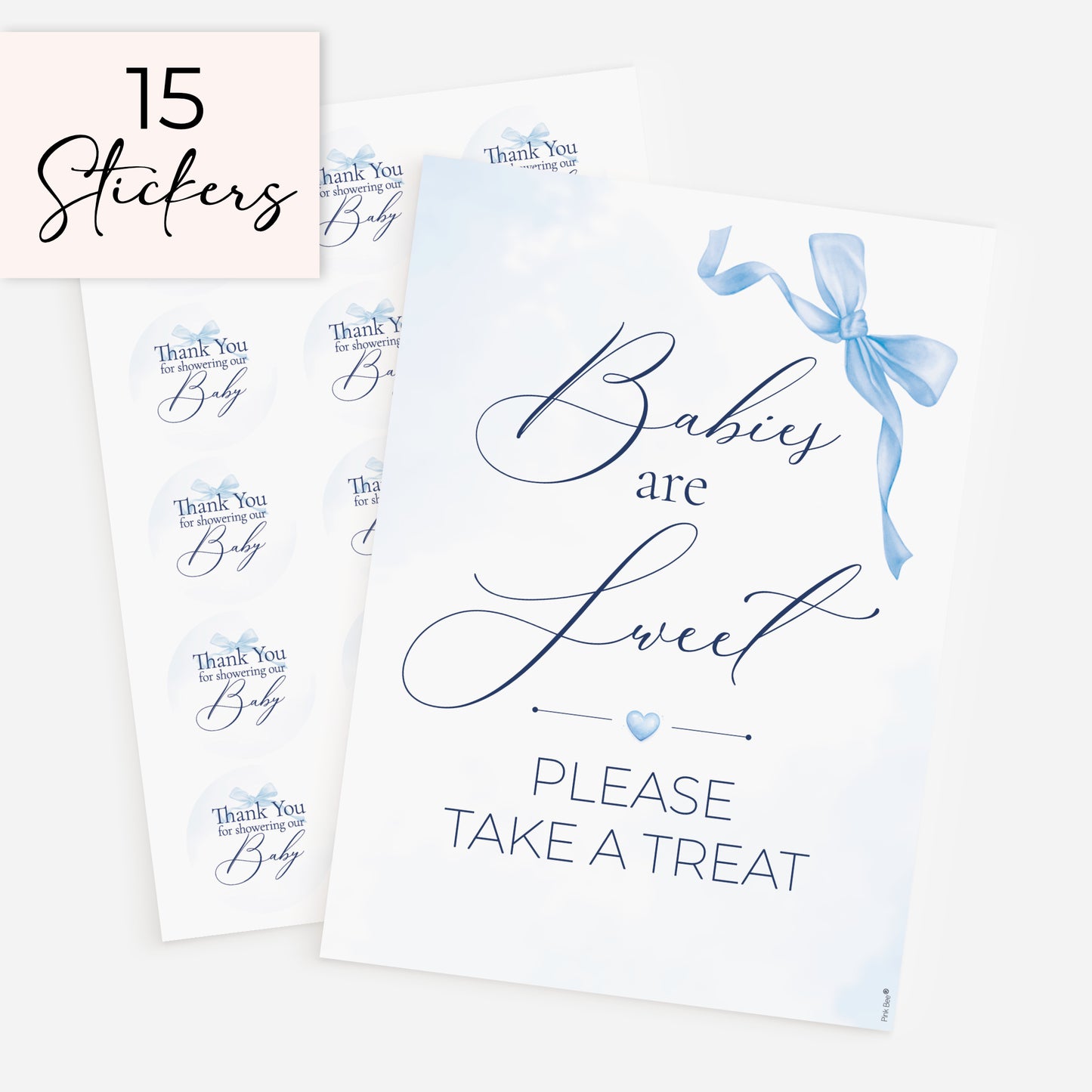 Blue bow baby shower favour sign with 15 matching 51mm thank you stickers, baby boy baby shower favour table decoration set on white background
