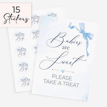 Blue bow baby shower favour sign with 15 matching 51mm thank you stickers, baby boy baby shower favour table decoration set on white background