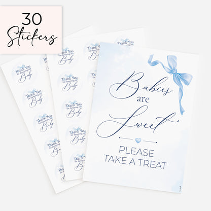 Baby boy baby shower treat table sign with 30 matching 51mm thank you favour stickers in elegant blue bow design on white background