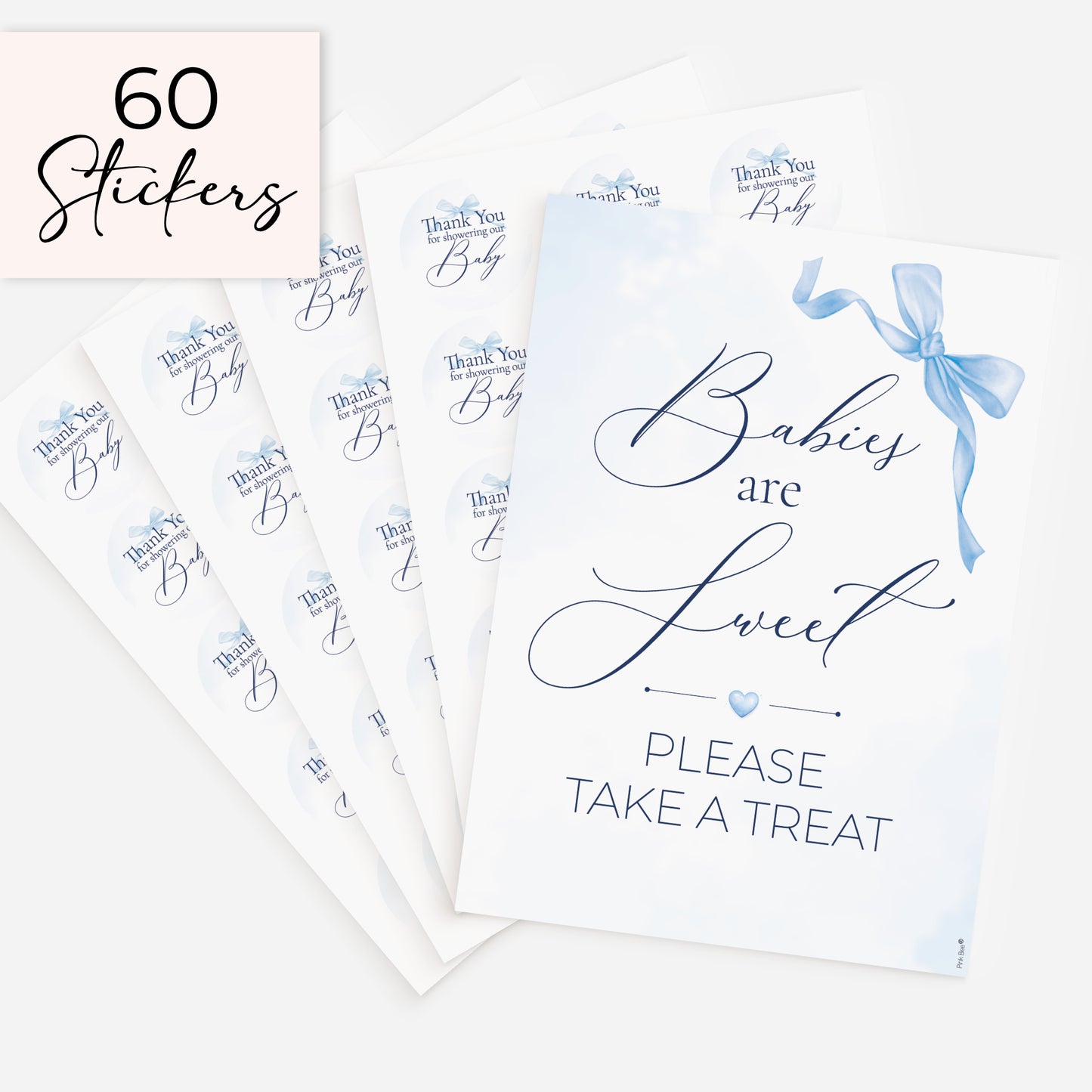 Baby shower favour sign with 60 matching 51mm thank you stickers, blue bow baby boy baby shower treat table display set on white background