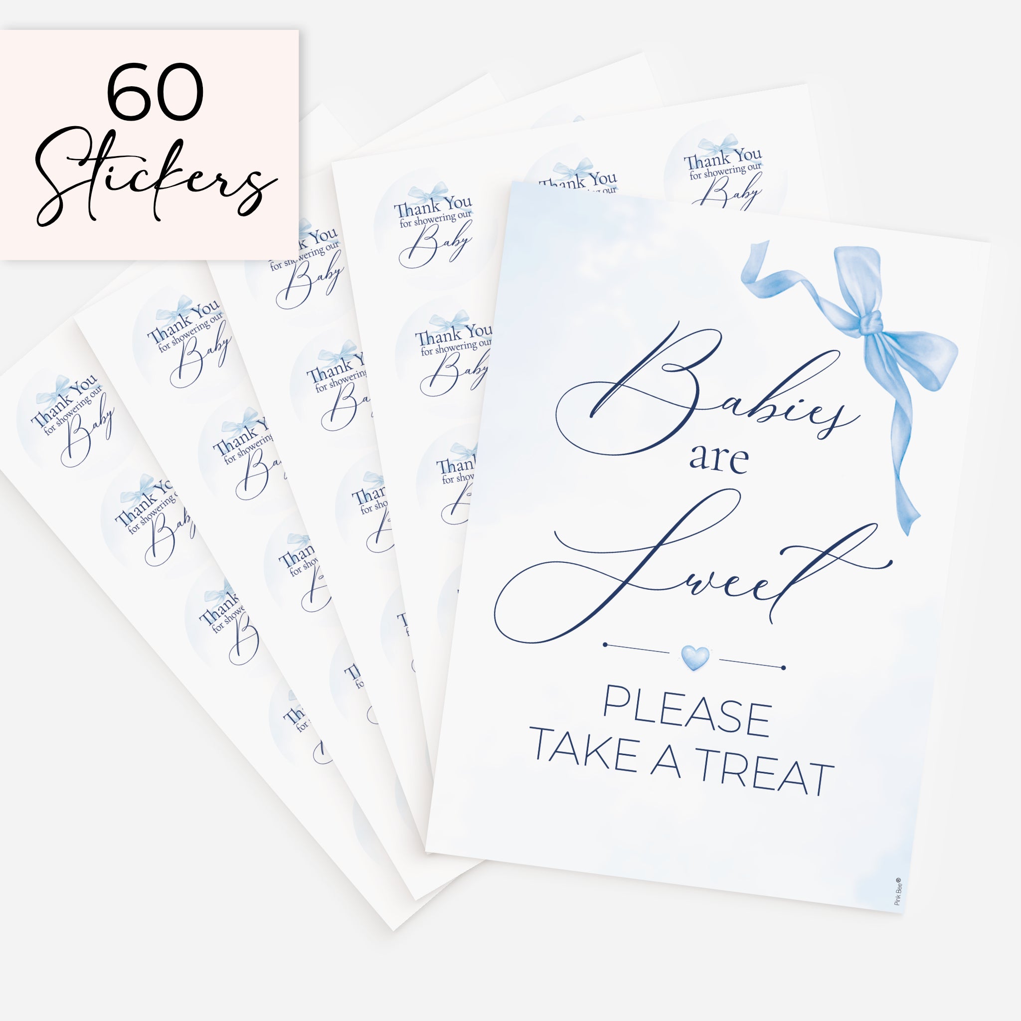 Baby shower favour sign with 60 matching 51mm thank you stickers, blue bow baby boy baby shower treat table display set on white background