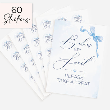 Baby shower favour sign with 60 matching 51mm thank you stickers, blue bow baby boy baby shower treat table display set on white background