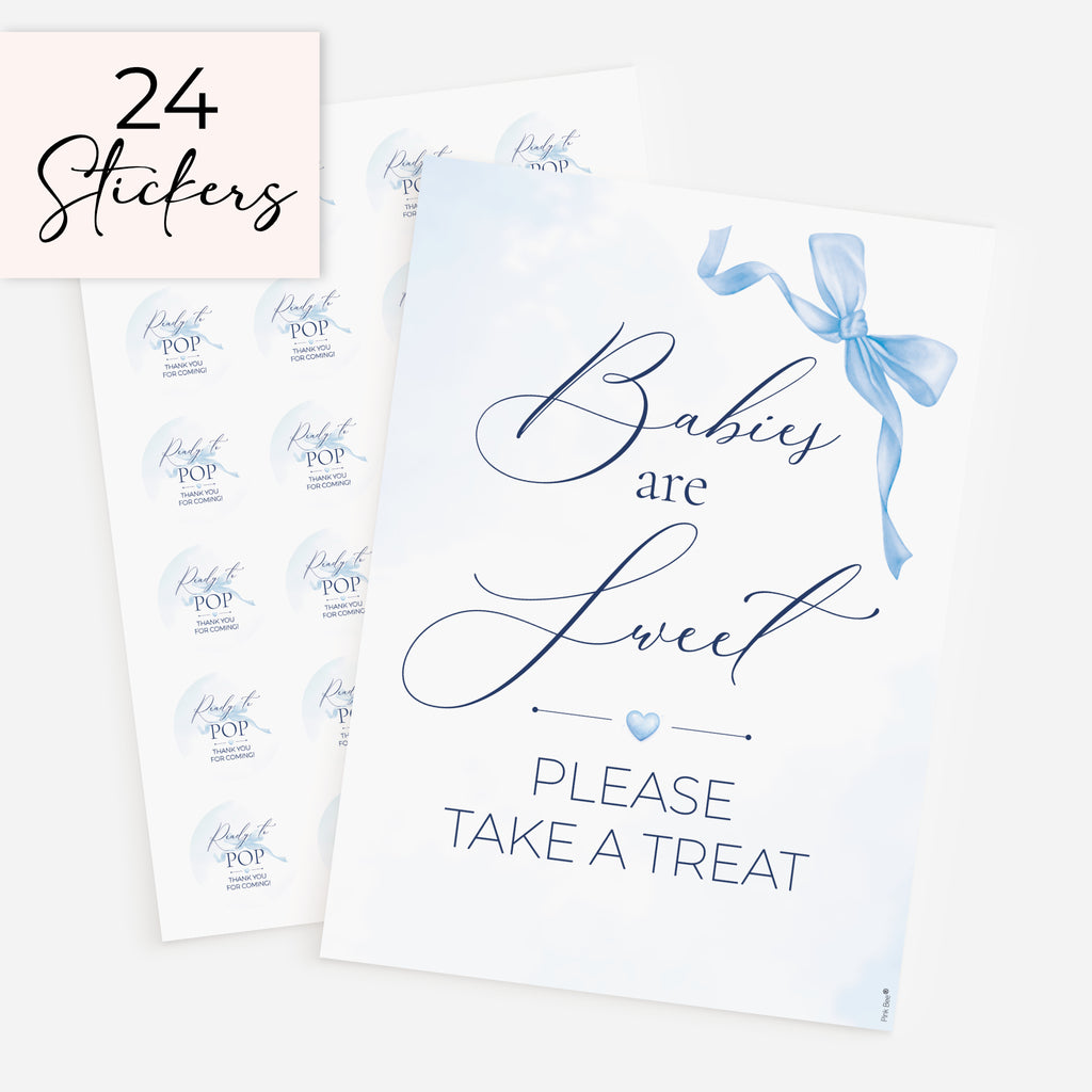 Blue Bow theme 'Babies are Sweet please take a treat' baby shower favour sign with one sheet of 24 matching 37mm 'Ready to Pop' stickers on white background