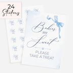 Blue Bow theme 'Babies are Sweet please take a treat' baby shower favour sign with one sheet of 24 matching 37mm 'Ready to Pop' stickers on white background