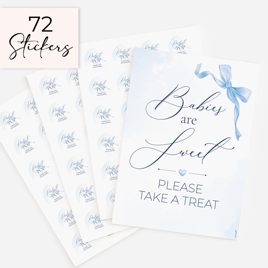 Blue Bow theme 'Babies are Sweet please take a treat' baby shower favour sign with three sheets of 24 matching 37mm 'Ready to Pop' stickers on white background
