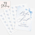 Blue Bow theme 'Babies are Sweet please take a treat' baby shower favour sign with three sheets of 24 matching 37mm 'Ready to Pop' stickers on white background