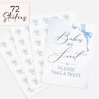 Blue Bow theme 'Babies are Sweet please take a treat' baby shower favour sign with three sheets of 24 matching 37mm 'Ready to Pop' stickers on white background