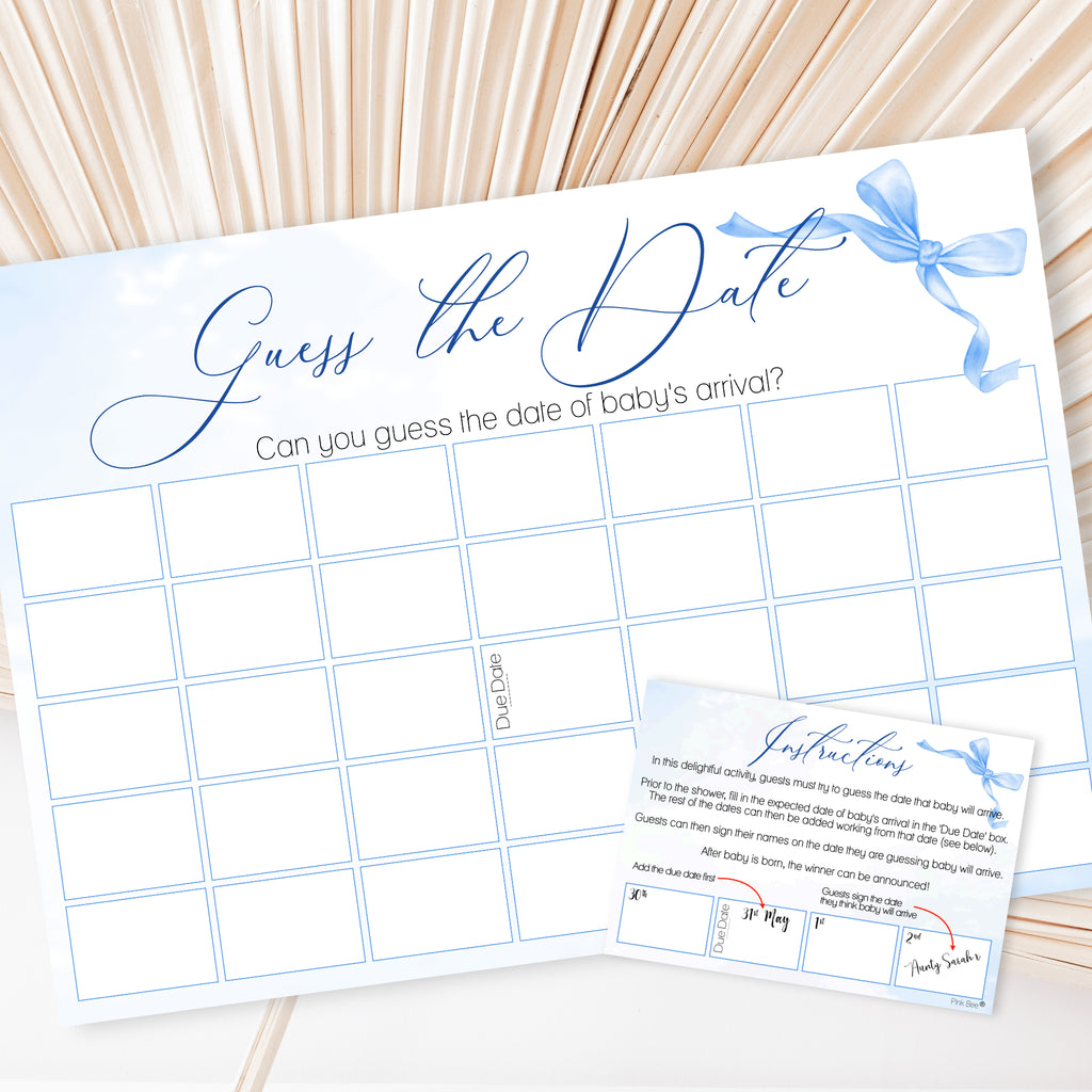 Ribbon Bow Baby Guess the Date Baby Shower Activity in Blue