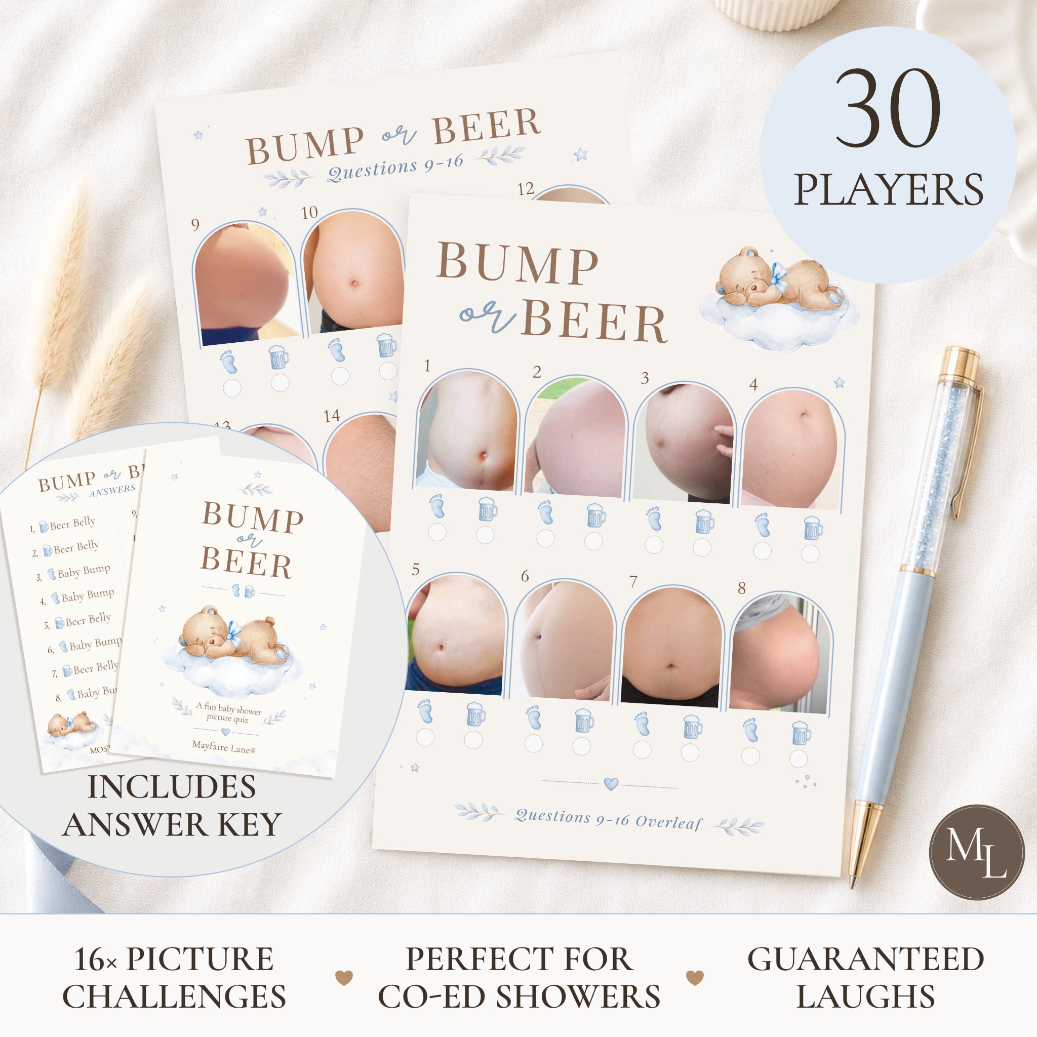 Blue Teddy Bear Baby Shower Bump or Beer Picture Quiz Game