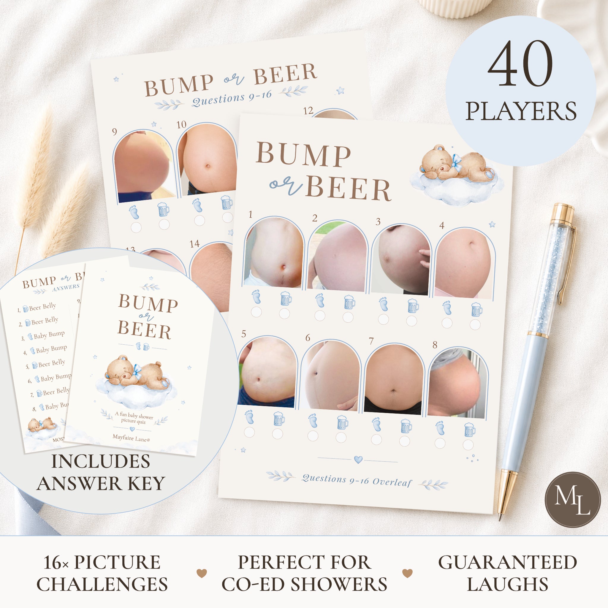 Blue Teddy Bear Baby Shower Bump or Beer Picture Quiz Game
