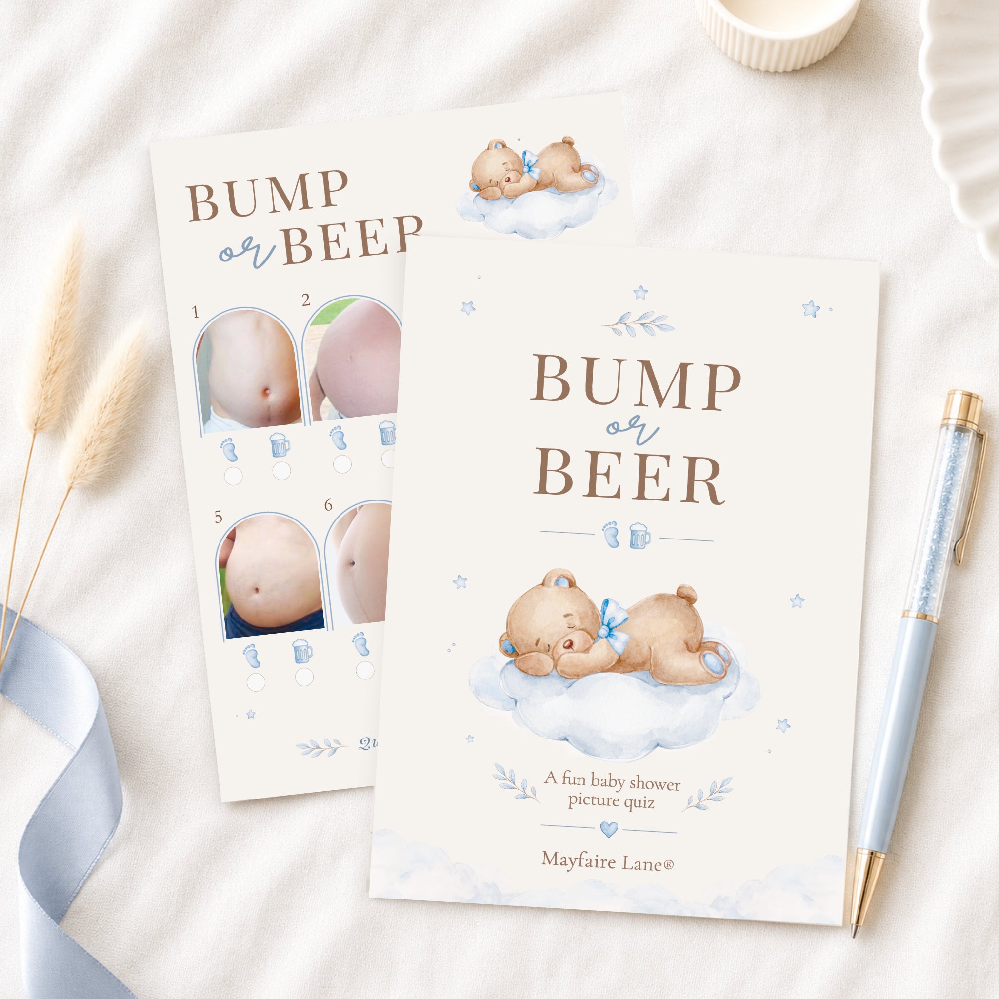 Blue Teddy Bear Baby Shower Bump or Beer Picture Quiz Game