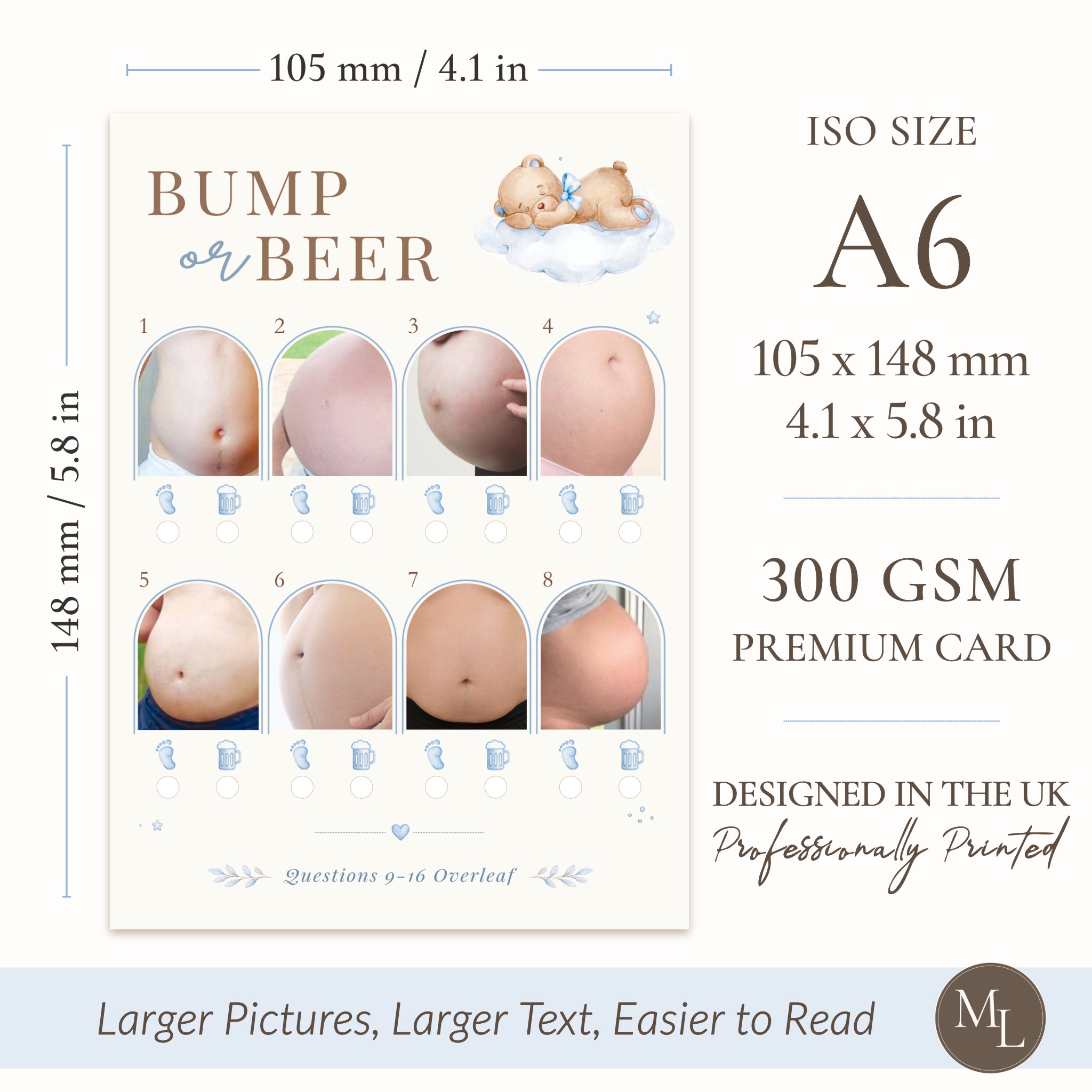 Blue Teddy Bear Baby Shower Bump or Beer Picture Quiz Game