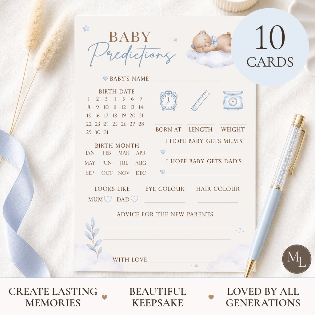 Blue Teddy Bear Baby Shower Baby Predictions Keepsake Cards A6