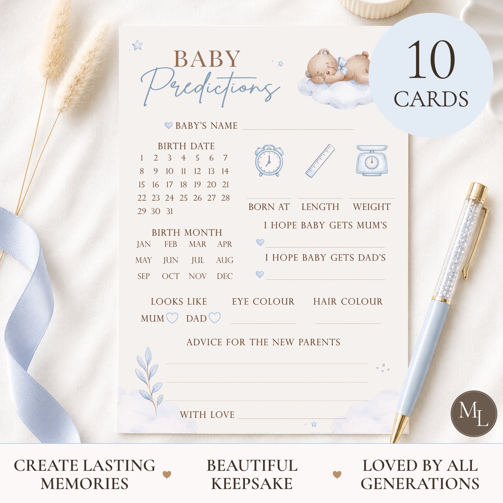 Blue Teddy Bear Baby Shower Baby Predictions Keepsake Cards A6