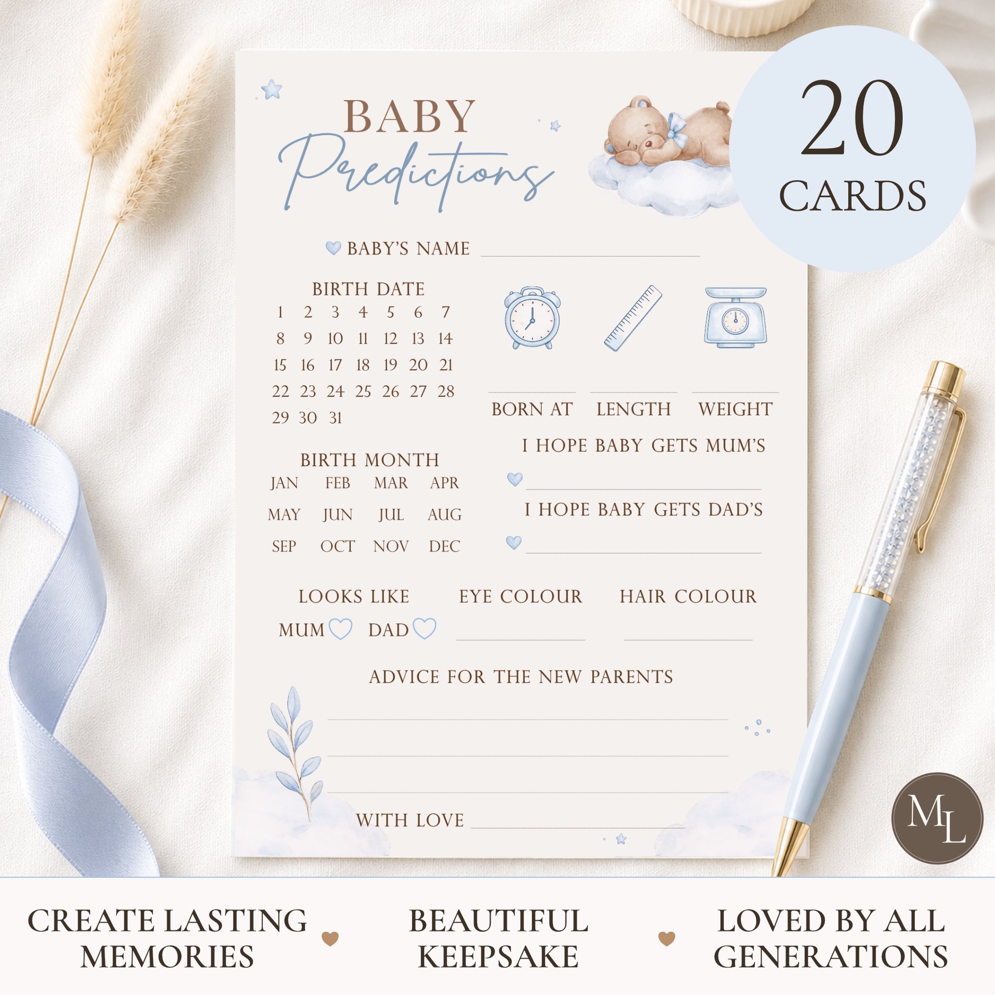 Blue Teddy Bear Baby Shower Baby Predictions Keepsake Cards A6