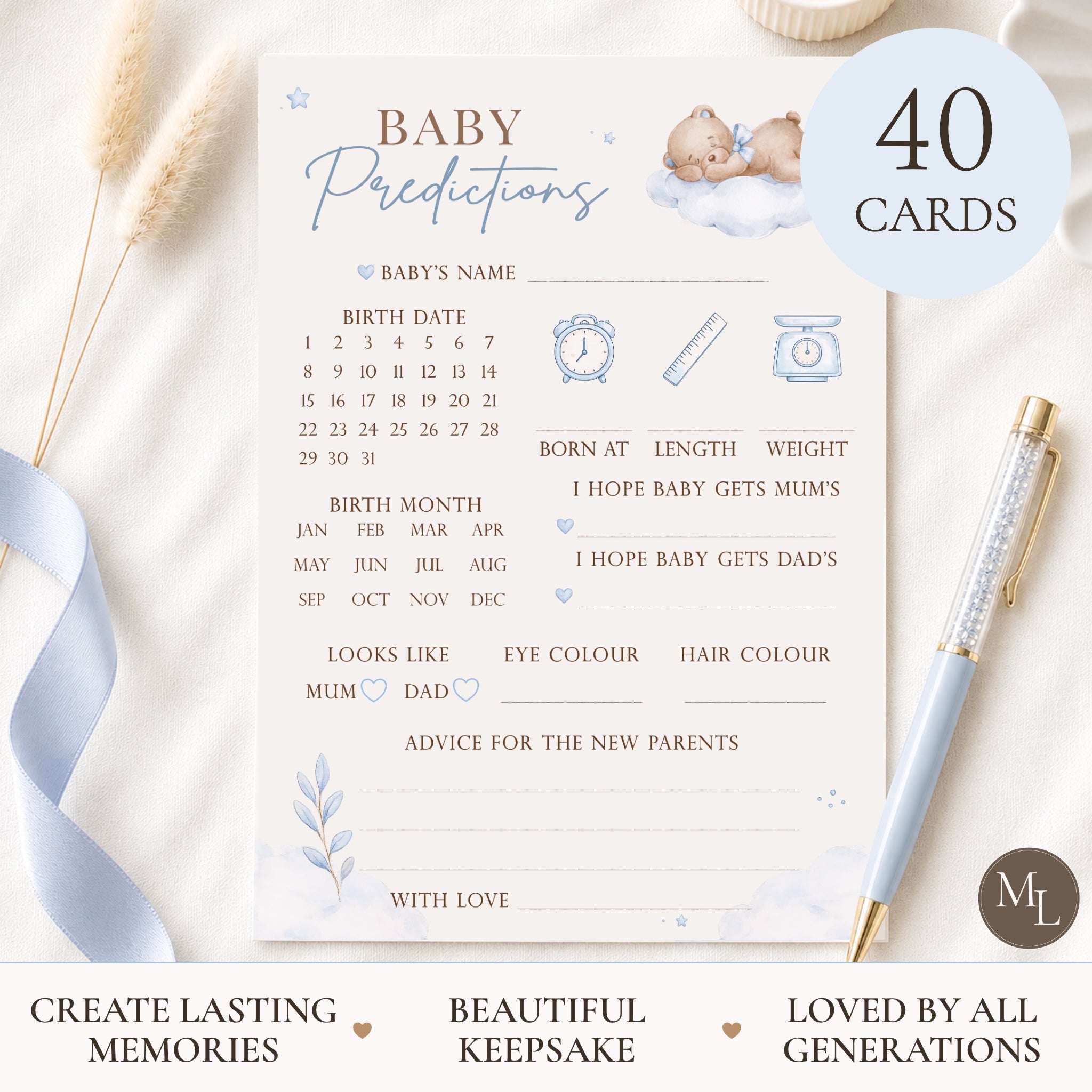 Blue Teddy Bear Baby Shower Baby Predictions Keepsake Cards A6