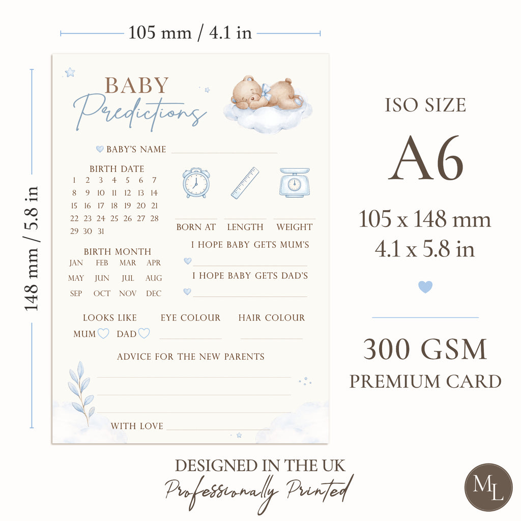 Blue Teddy Bear Baby Shower Baby Predictions Keepsake Cards A6