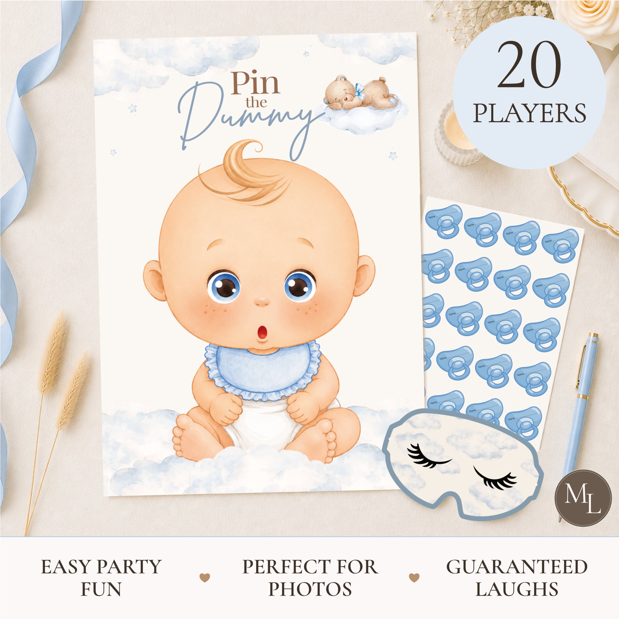 Blue Teddy Bear Pin the Dummy Baby Shower Game with Blindfold