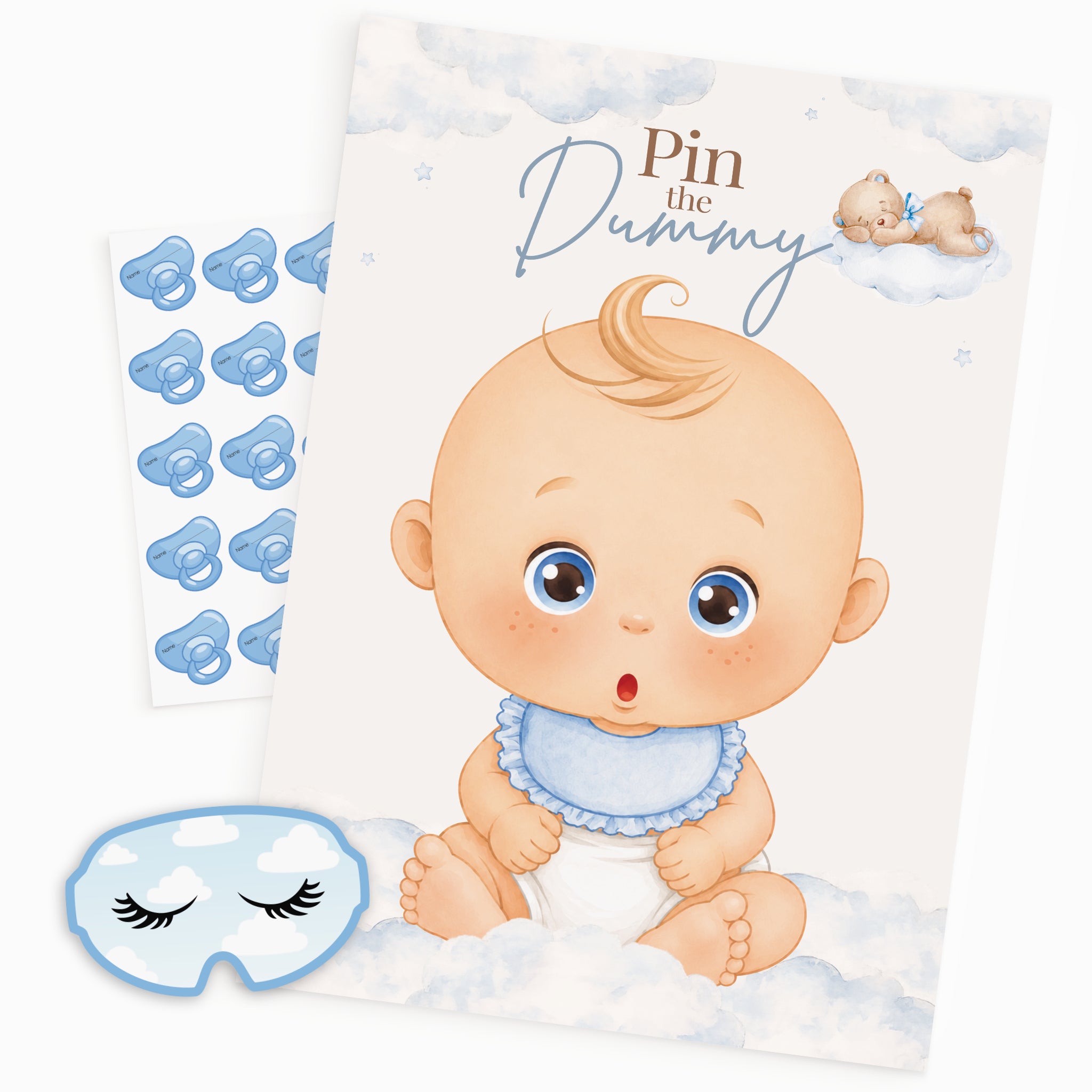Blue Teddy Bear Pin the Dummy baby shower game pack with A2 poster, 20 blue dummy stickers and matching blindfold for a baby boy teddy bear themed baby shower.