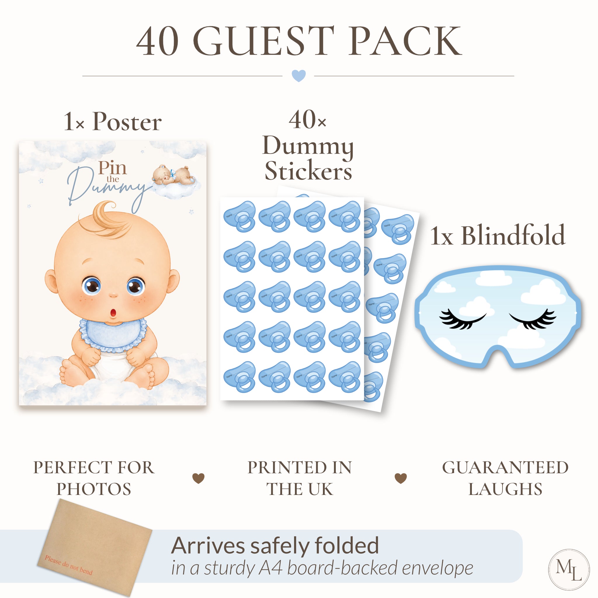 Blue Teddy Bear Pin the Dummy Baby Shower Game with Blindfold