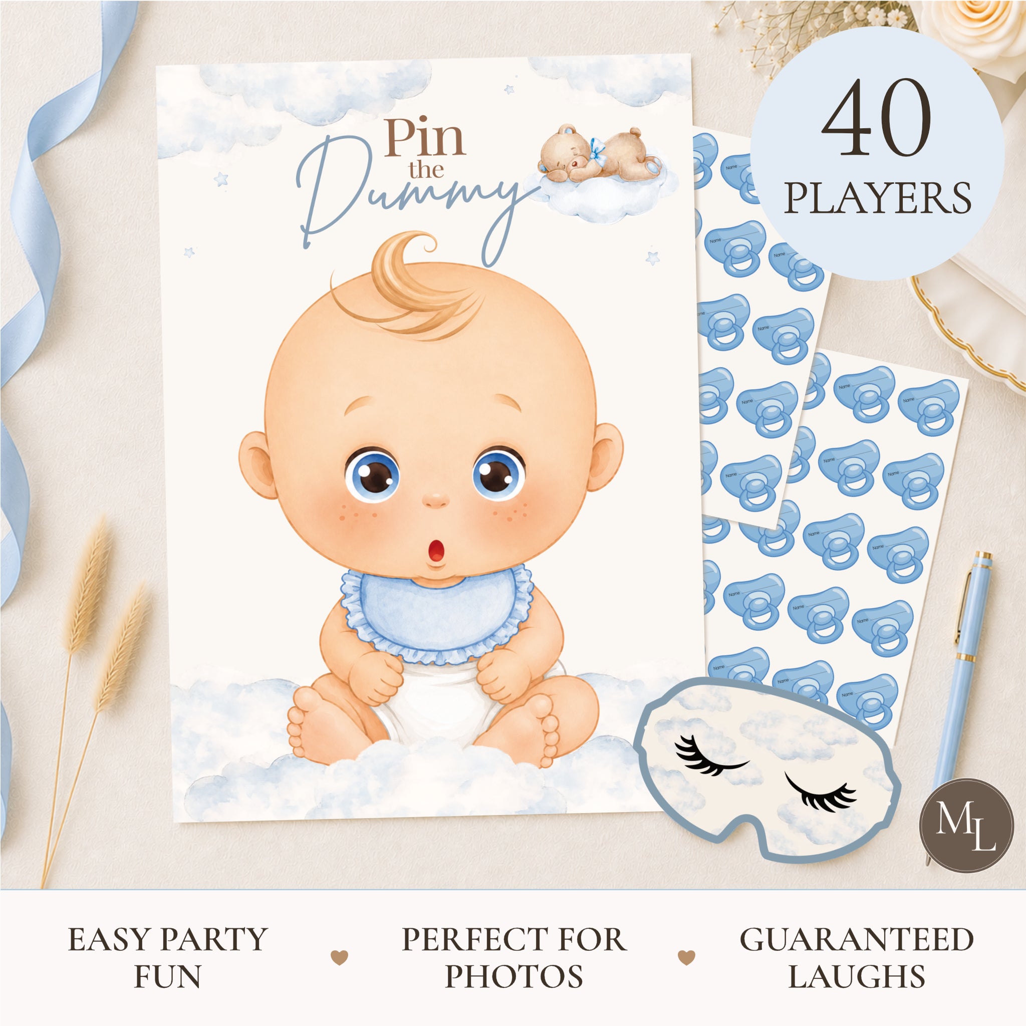 Blue Teddy Bear Pin the Dummy Baby Shower Game with Blindfold